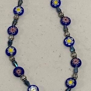 Vintage Blue Millefiori Beaded Murano Glass Necklace - 22”
